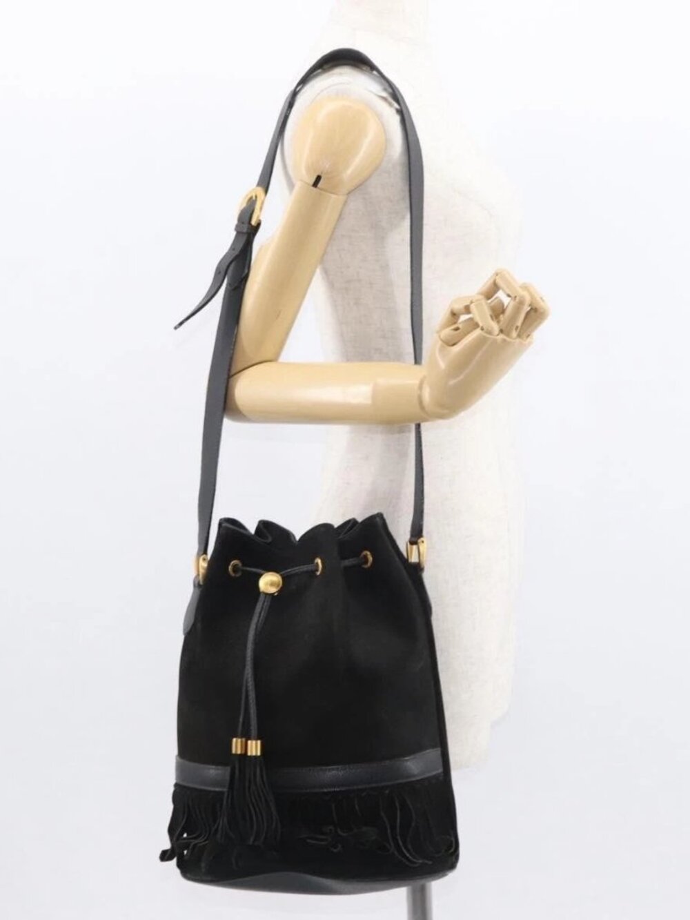 GUCCI Shoulder Bag Suede Leather Black Gold Auth BA8456 - Picture 15 of 16